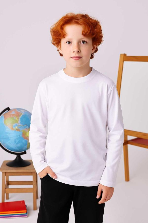 Beyaz Sıfır Yaka Baskısız Uzun Kollu Çocuk Tişört