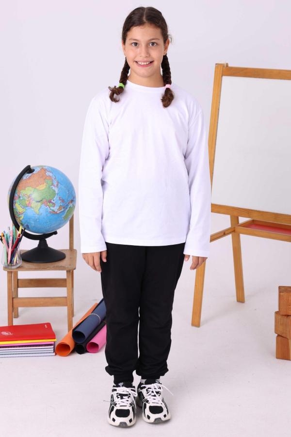 Beyaz Sıfır Yaka Baskısız Uzun Kollu Çocuk Tişört