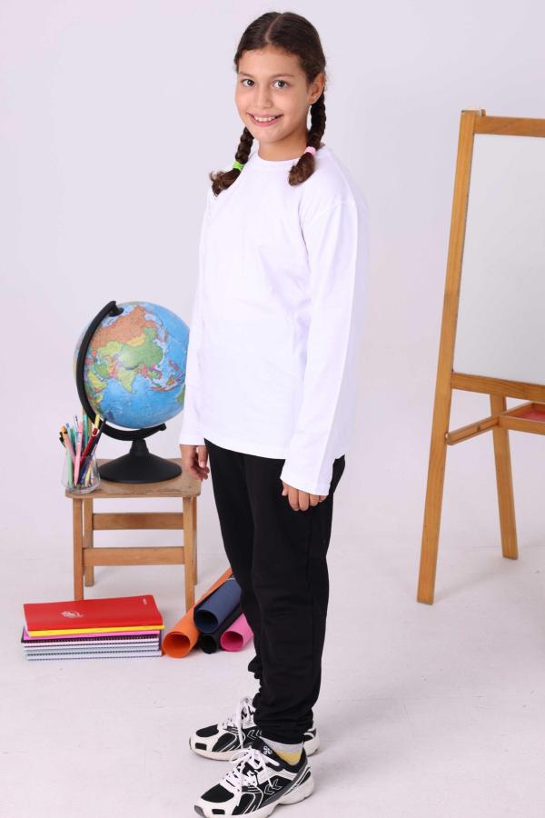 Beyaz Sıfır Yaka Baskısız Uzun Kollu Çocuk Tişört