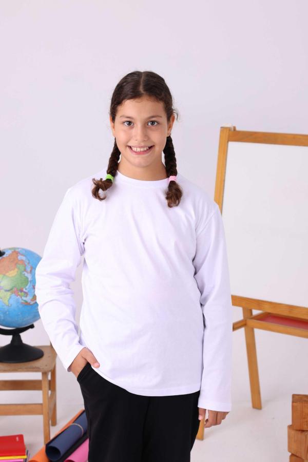 Beyaz Sıfır Yaka Baskısız Uzun Kollu Çocuk Tişört