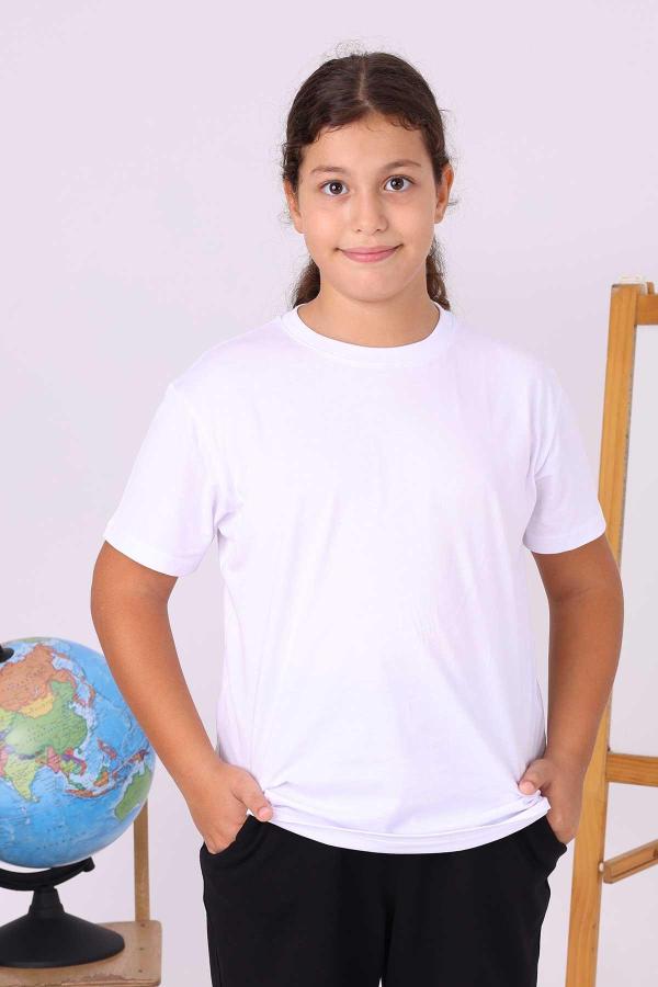 Beyaz Sıfır Yaka Baskısız Çocuk Tişört – Yönetmeliğe Uygun %100 Pamuk