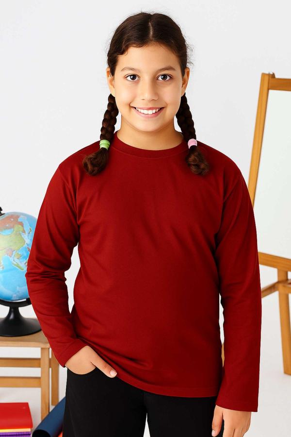 Bordo Uzun Kollu Sıfır Yaka Baskısız Premium Çocuk Tişört
