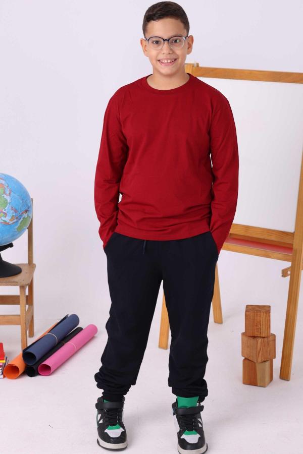 Bordo Uzun Kollu Sıfır Yaka Baskısız Premium Çocuk Tişört