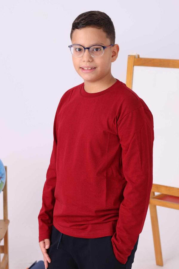 Bordo Uzun Kollu Sıfır Yaka Baskısız Premium Çocuk Tişört