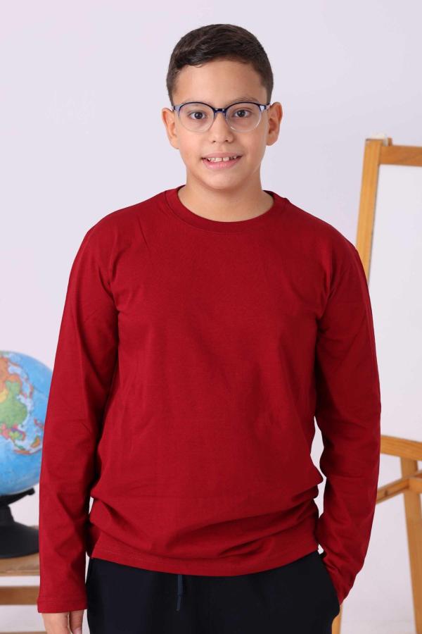 Bordo Uzun Kollu Sıfır Yaka Baskısız Premium Çocuk Tişört