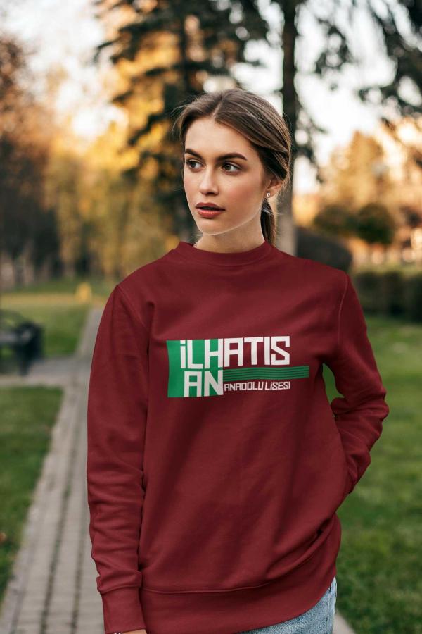 İlhan Atış Anadolu Lisesi Bordo Sweatshirt – Sıfır Yaka Tipografi Tasarımlı