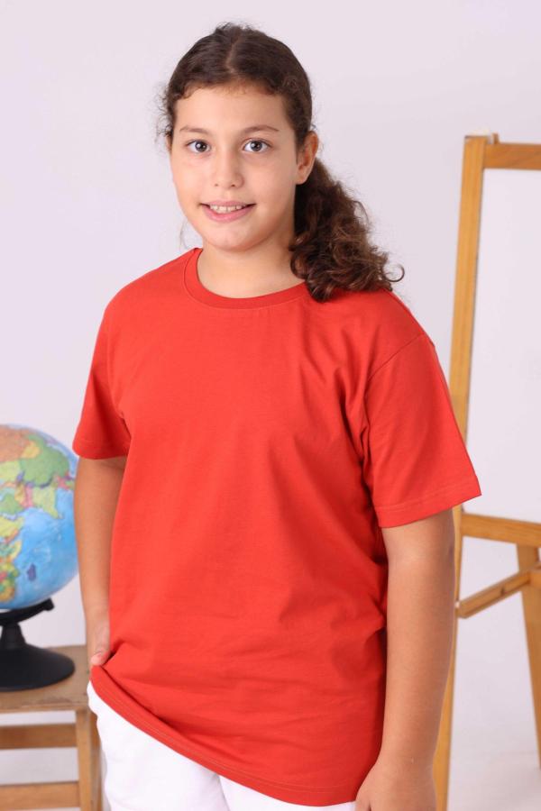 Kiremit Rengi Sıfır Yaka Baskısız Okul Tişörtü