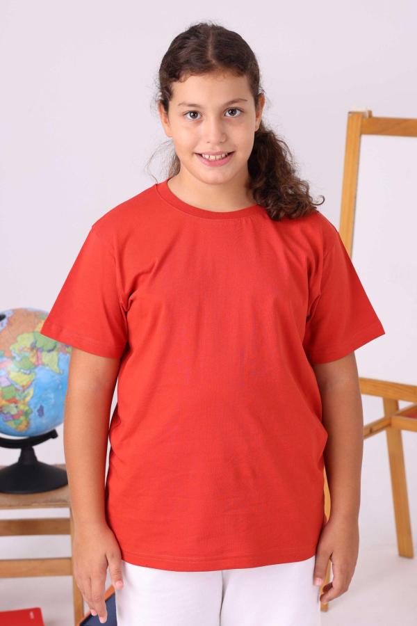 Kiremit Rengi Sıfır Yaka Baskısız Okul Tişörtü