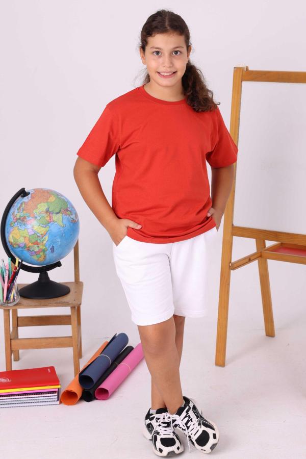 Kiremit Rengi Sıfır Yaka Baskısız Okul Tişörtü