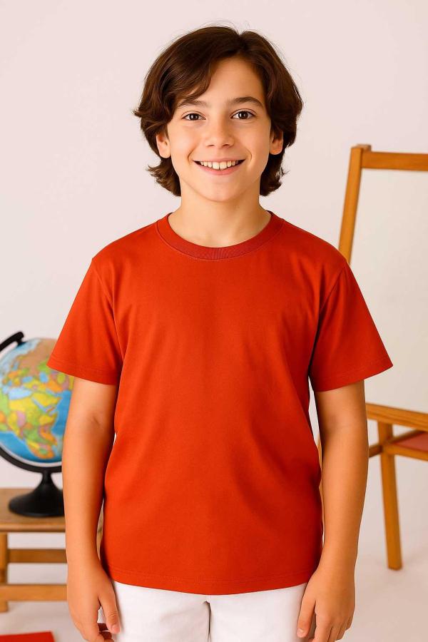 Kiremit Rengi Sıfır Yaka Baskısız Okul Tişörtü