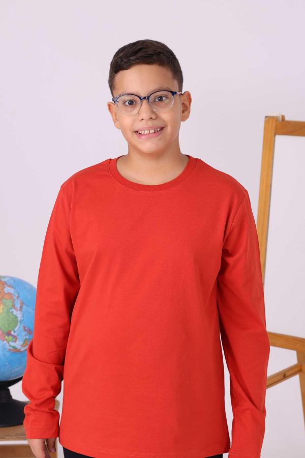 Kiremit Renk Uzun Kollu Okul Tişörtü - %100 Pamuk