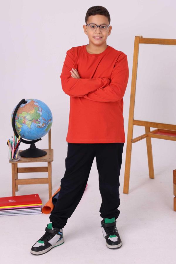 Kiremit Renk Uzun Kollu Okul Tişörtü - %100 Pamuk