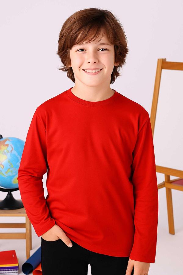 Kırmızı Sıfır Yaka Baskısız Premium Unisex Çocuk Uzun Kollu Tişört