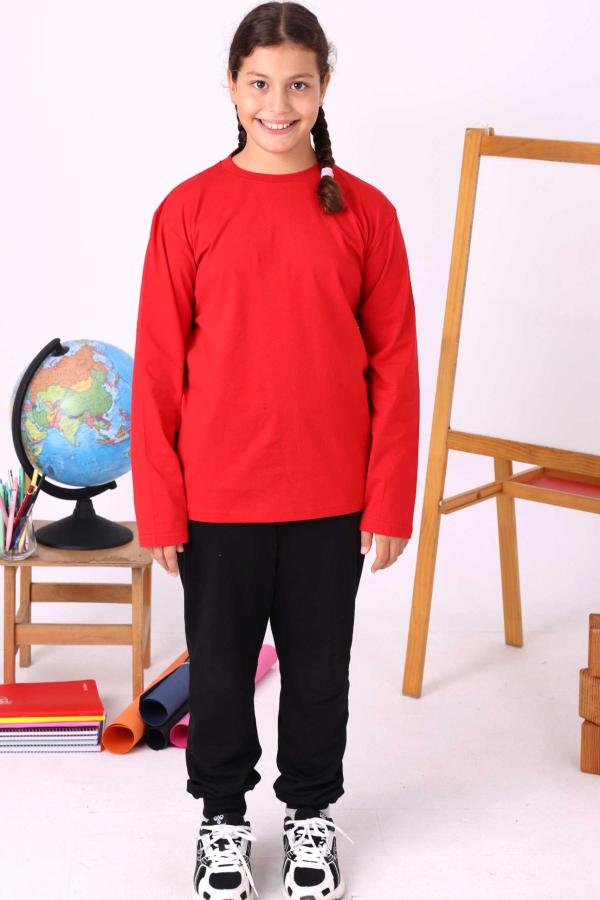 Kırmızı Sıfır Yaka Baskısız Premium Unisex Çocuk Uzun Kollu Tişört