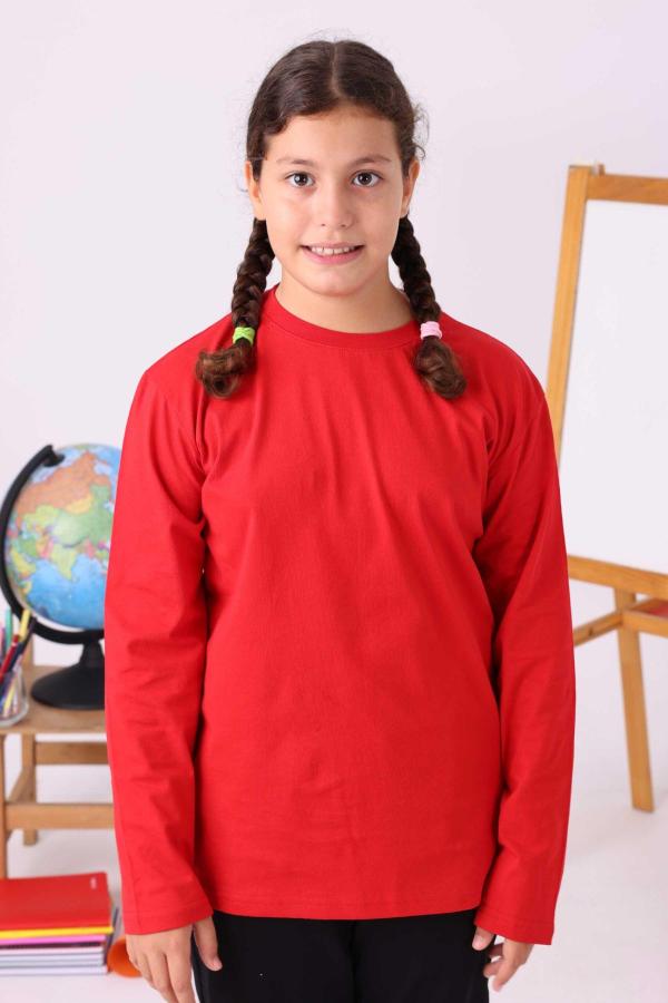 Kırmızı Sıfır Yaka Baskısız Premium Unisex Çocuk Uzun Kollu Tişört