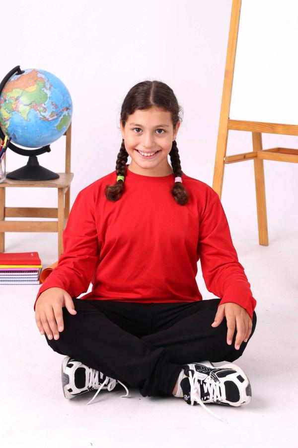 Kırmızı Sıfır Yaka Baskısız Premium Unisex Çocuk Uzun Kollu Tişört