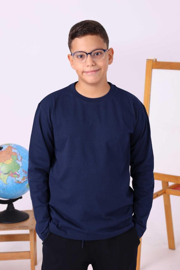 Lacivert Baskısız Sıfır Yaka Uzun Kollu Çocuk Tişört