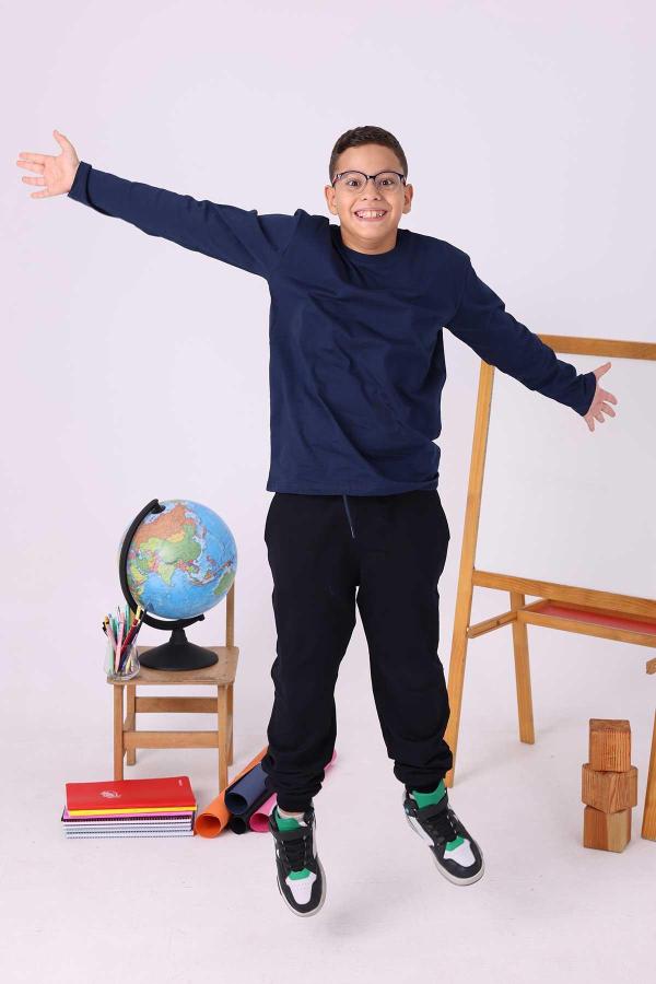 Lacivert Baskısız Sıfır Yaka Uzun Kollu Çocuk Tişört