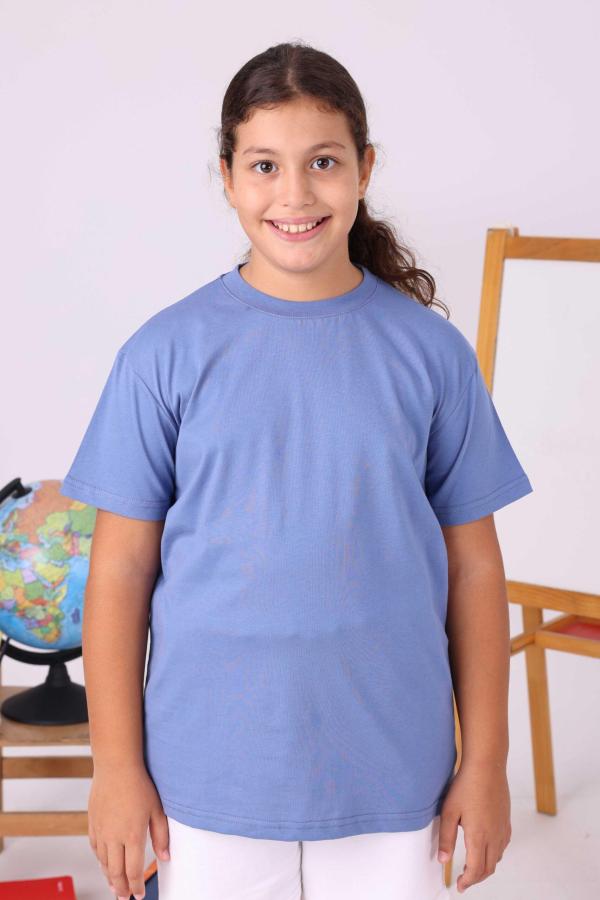 Pastel Mavi Çocuk Sıfır Yaka Baskısız Tişört – Yönetmeliğe Uygun