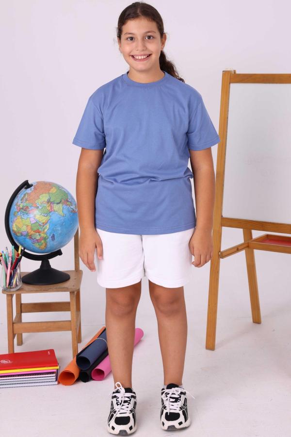 Pastel Mavi Çocuk Sıfır Yaka Baskısız Tişört – Yönetmeliğe Uygun