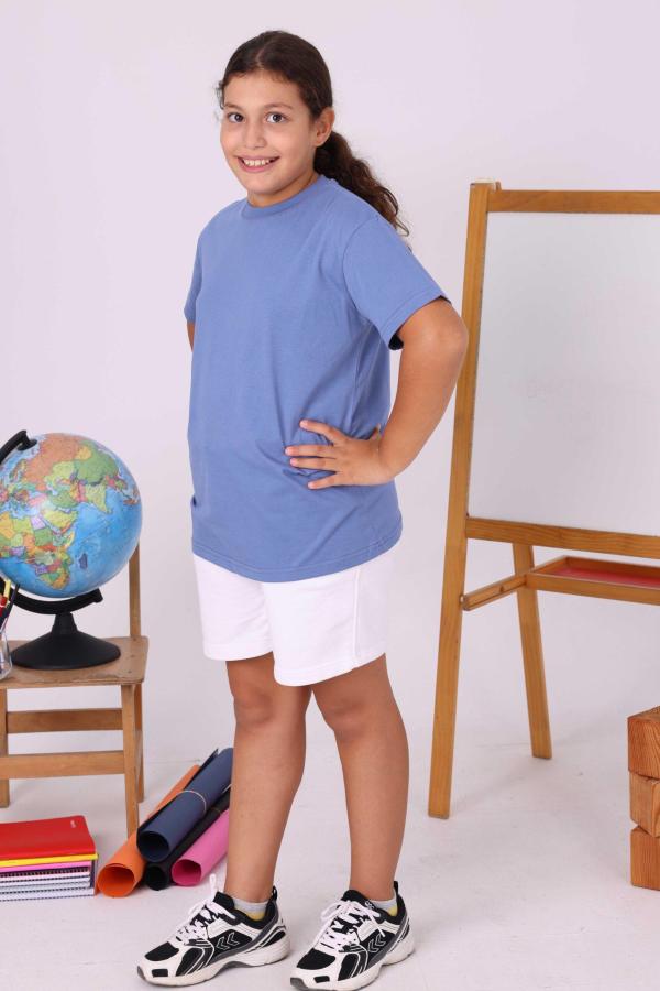 Pastel Mavi Çocuk Sıfır Yaka Baskısız Tişört – Yönetmeliğe Uygun