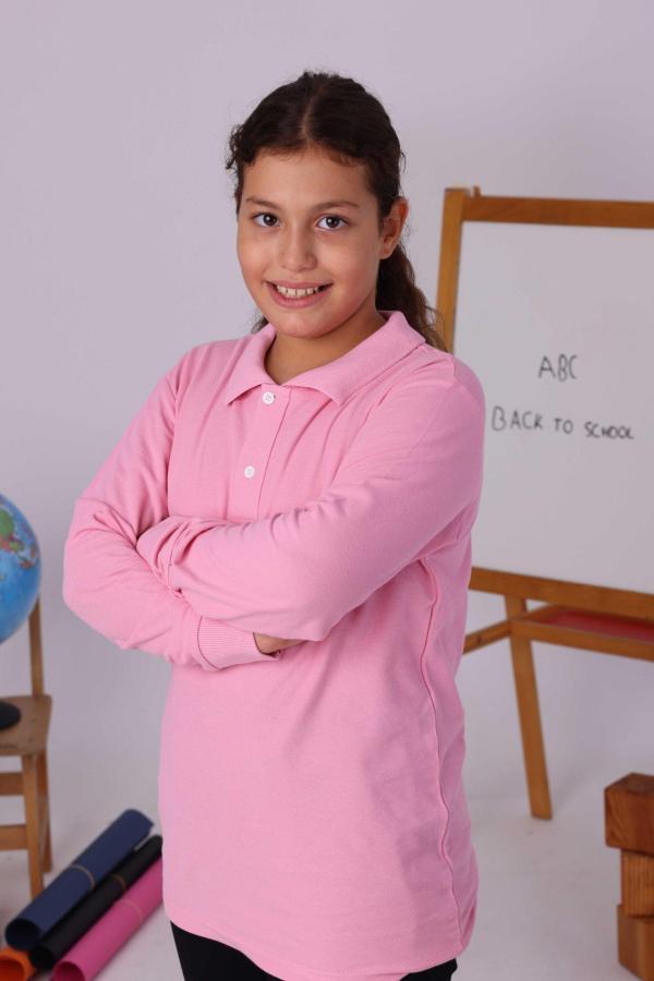 Pembe Çocuk Polo Yaka Uzun Kollu Tişört – Okul Kıyafetleri