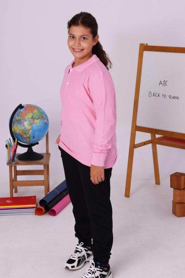 Pembe Çocuk Polo Yaka Uzun Kollu Tişört – Okul Kıyafetleri