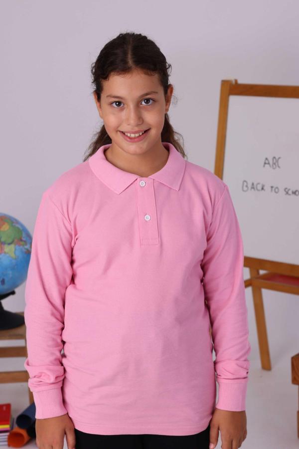 Pembe Çocuk Polo Yaka Uzun Kollu Tişört – Okul Kıyafetleri