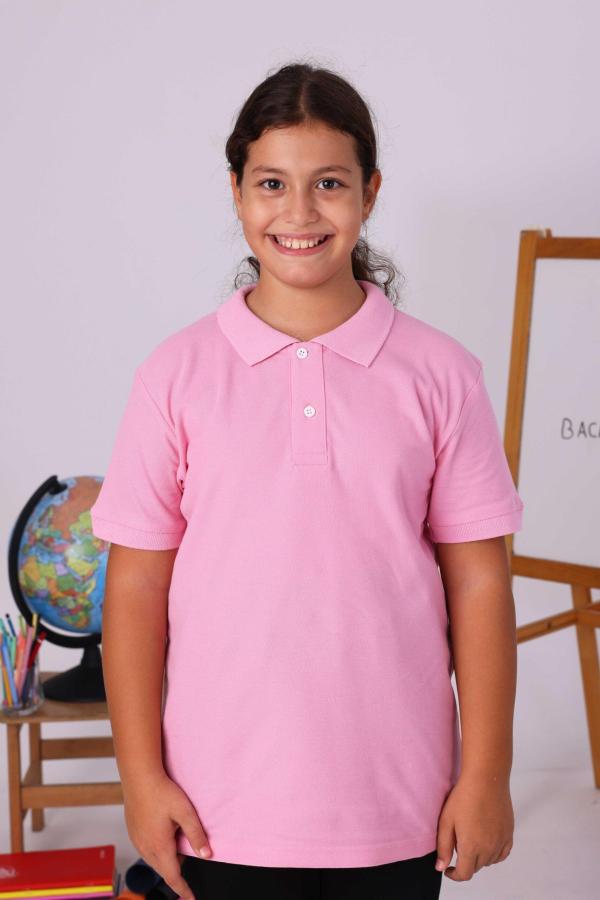 Pembe Çocuk Polo Yaka Kısa Kollu Tişört – Okul Forması