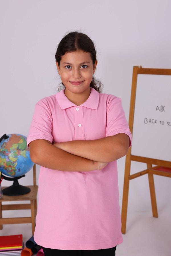 Pembe Çocuk Polo Yaka Kısa Kollu Tişört – Okul Forması