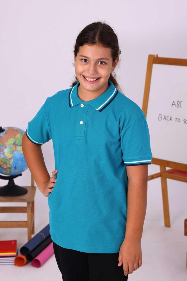 Okul Yönetmeliğine Uygun Çizgili Yaka Kısa Kollu Petrol Mavisi Polo Tişört