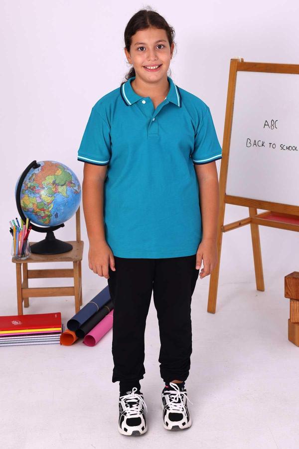 Okul Yönetmeliğine Uygun Çizgili Yaka Kısa Kollu Petrol Mavisi Polo Tişört