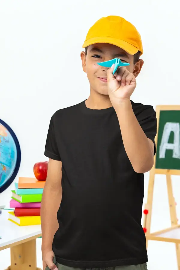 Siyah Sıfır Yaka Baskısız Çocuk Tişört – Okul Yönetmeliğine Uygun %100 Pamuk