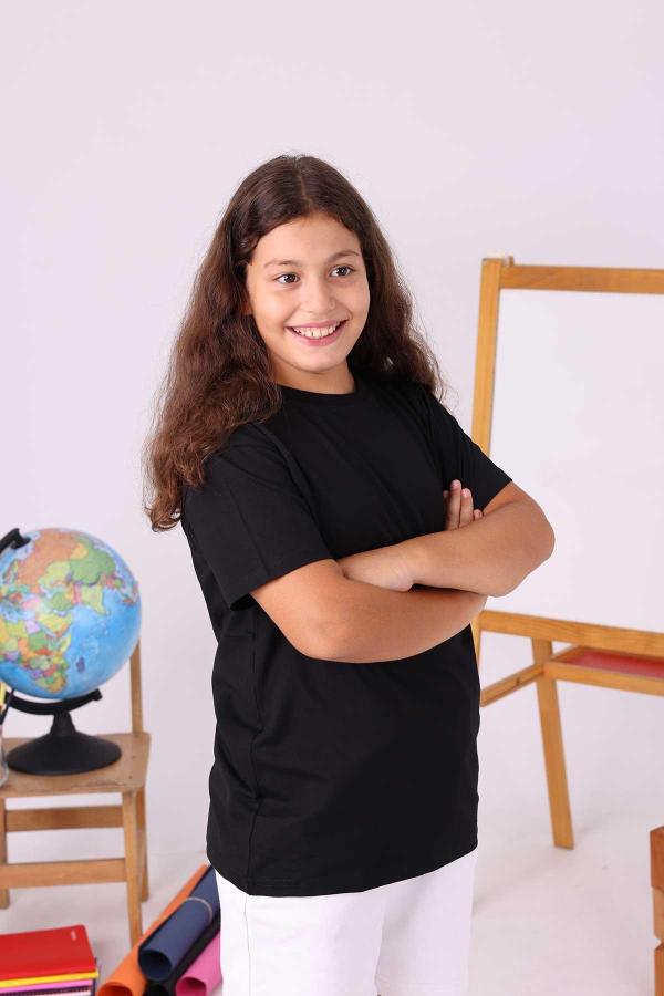 Siyah Sıfır Yaka Baskısız Çocuk Tişört – Okul Yönetmeliğine Uygun %100 Pamuk