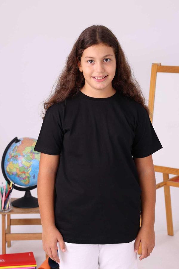 Siyah Sıfır Yaka Baskısız Çocuk Tişört – Okul Yönetmeliğine Uygun %100 Pamuk