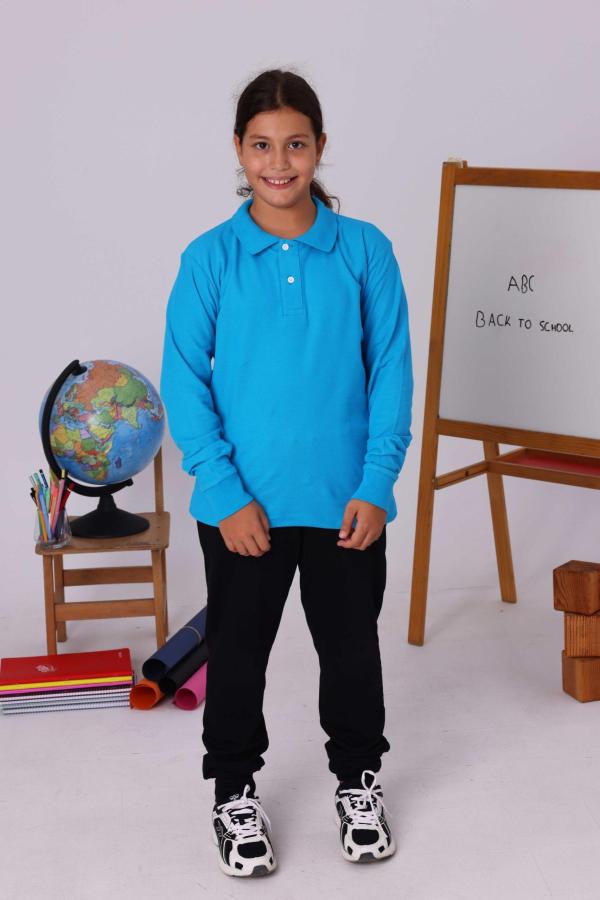 Turkuaz Çocuk Polo Yaka Uzun Kollu Tişört – Okul Forması