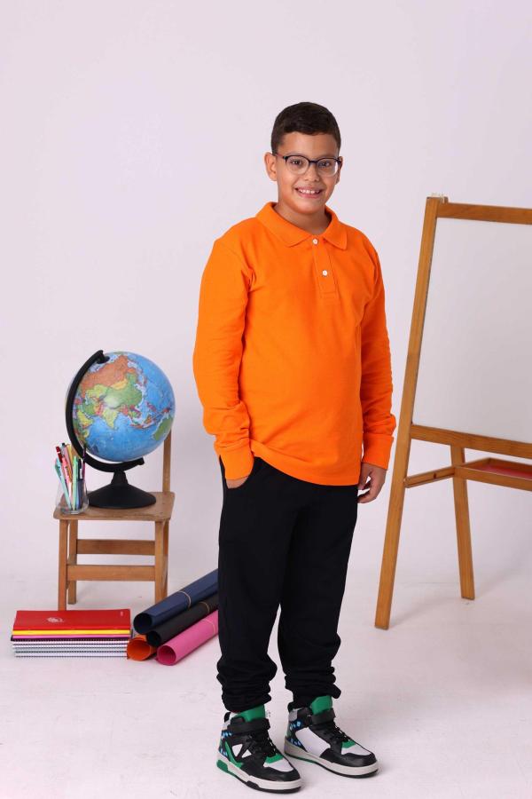 Turuncu Çocuk Unisex Polo Yaka Uzun Kollu Tişört – %100 Pamuk Okul Kıyafeti