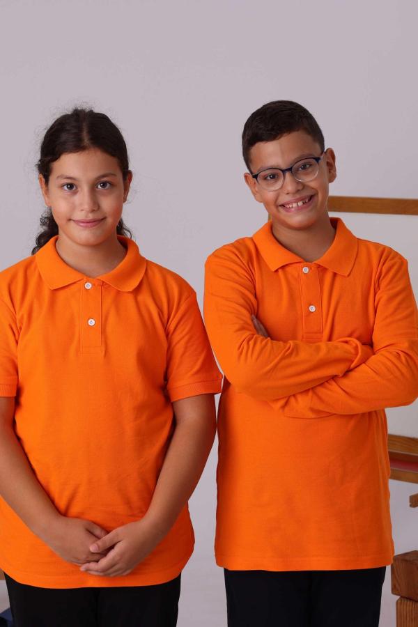 Turuncu Çocuk Unisex Polo Yaka Uzun Kollu Tişört – %100 Pamuk Okul Kıyafeti