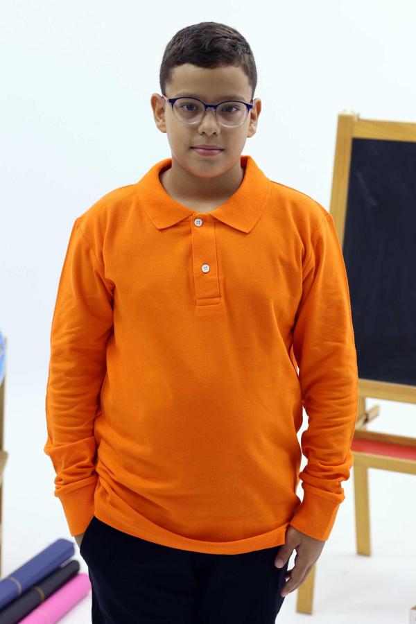 Turuncu Çocuk Unisex Polo Yaka Uzun Kollu Tişört – %100 Pamuk Okul Kıyafeti